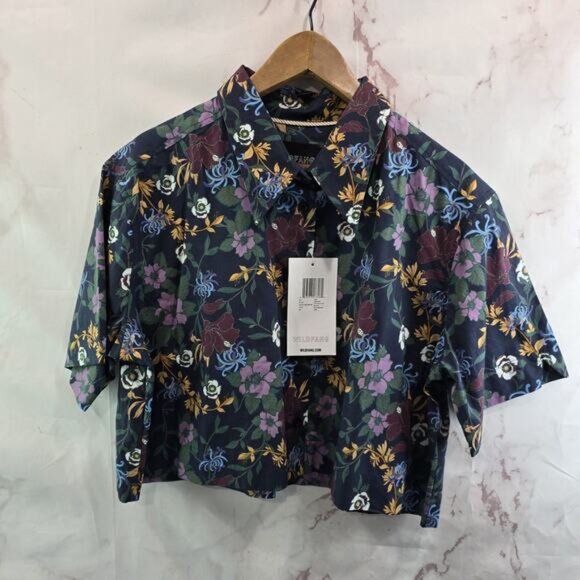 Wildfang Shirt Womens Large Floral Button Up Boxy Cropped Wildflower Navy - Picture 1 of 11